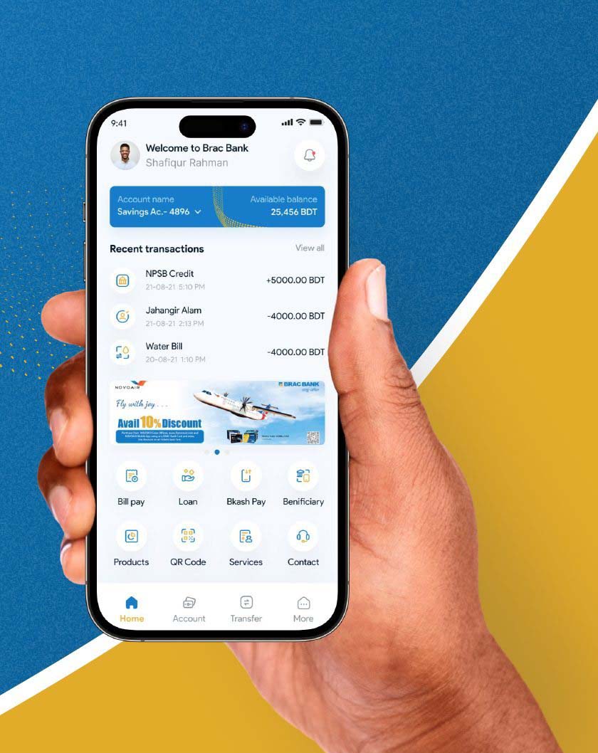 Hand holding a phone showing the redesigned BRAC Bank home screen