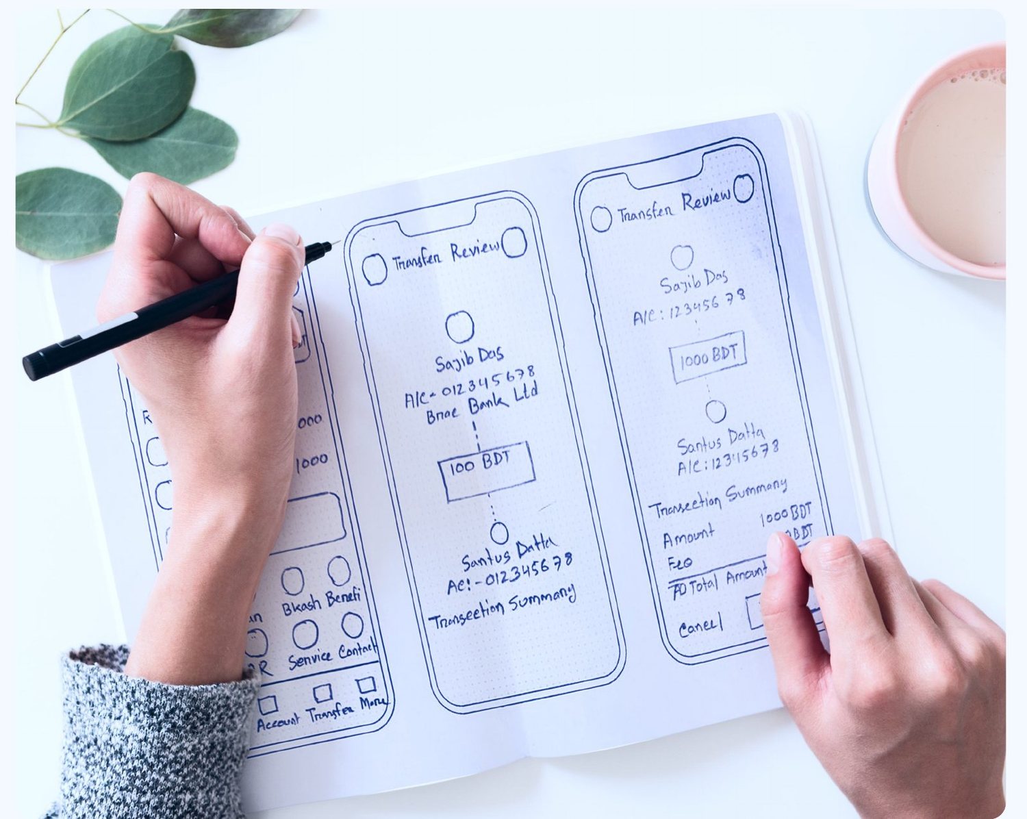Hand-drawn paper sketches of the transfer review screens