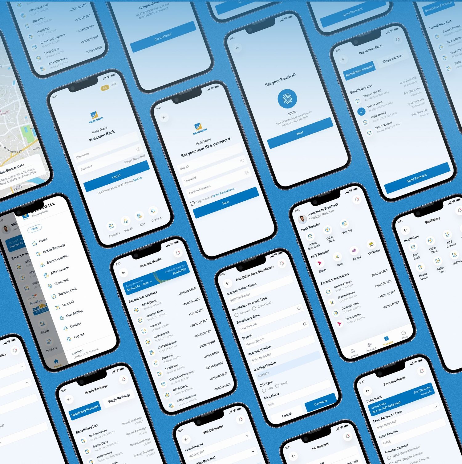 Grid of over 100 additional BRAC Bank app screens