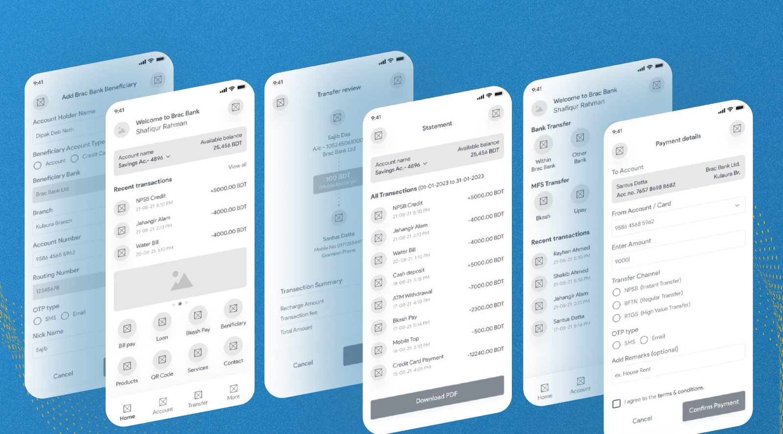 High fidelity wireframe screens for the BRAC Bank app