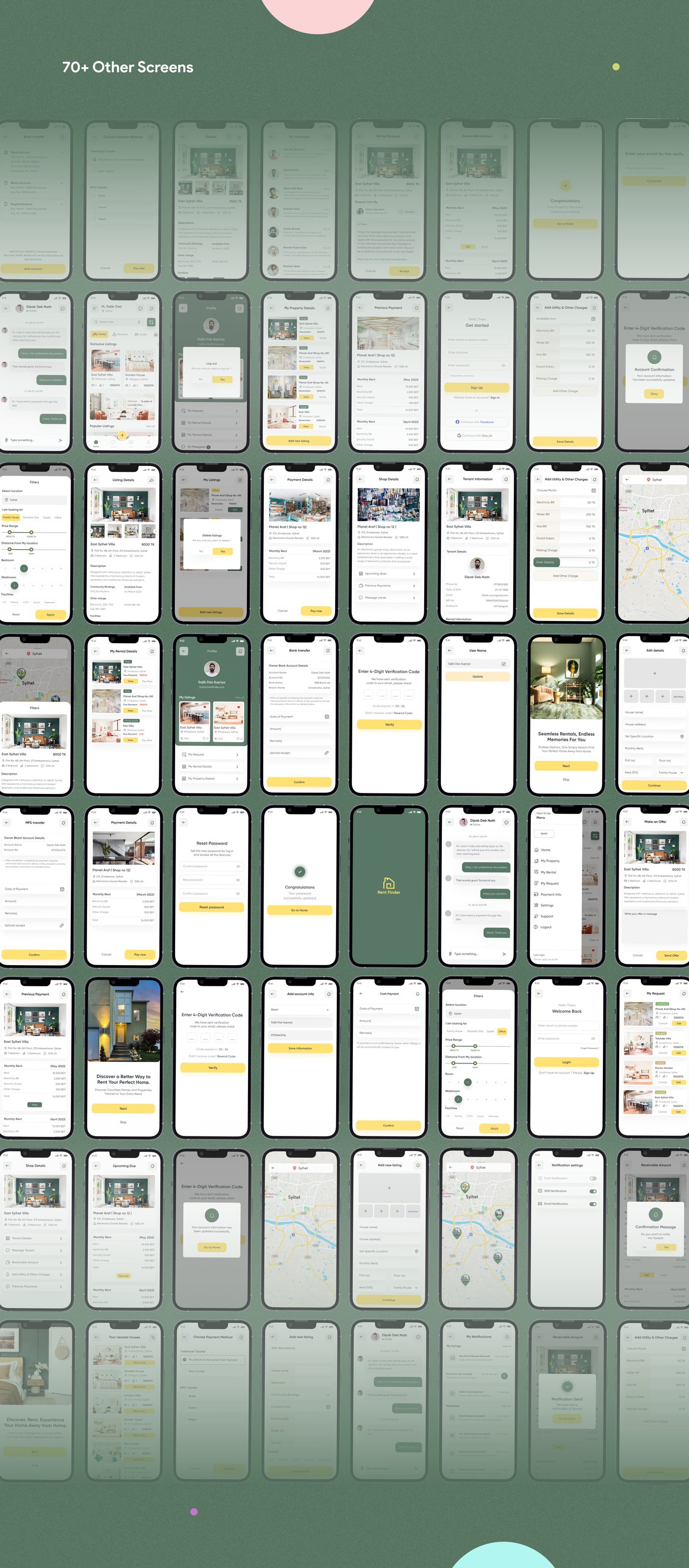 Grid of over 70 additional Rent Finder screens