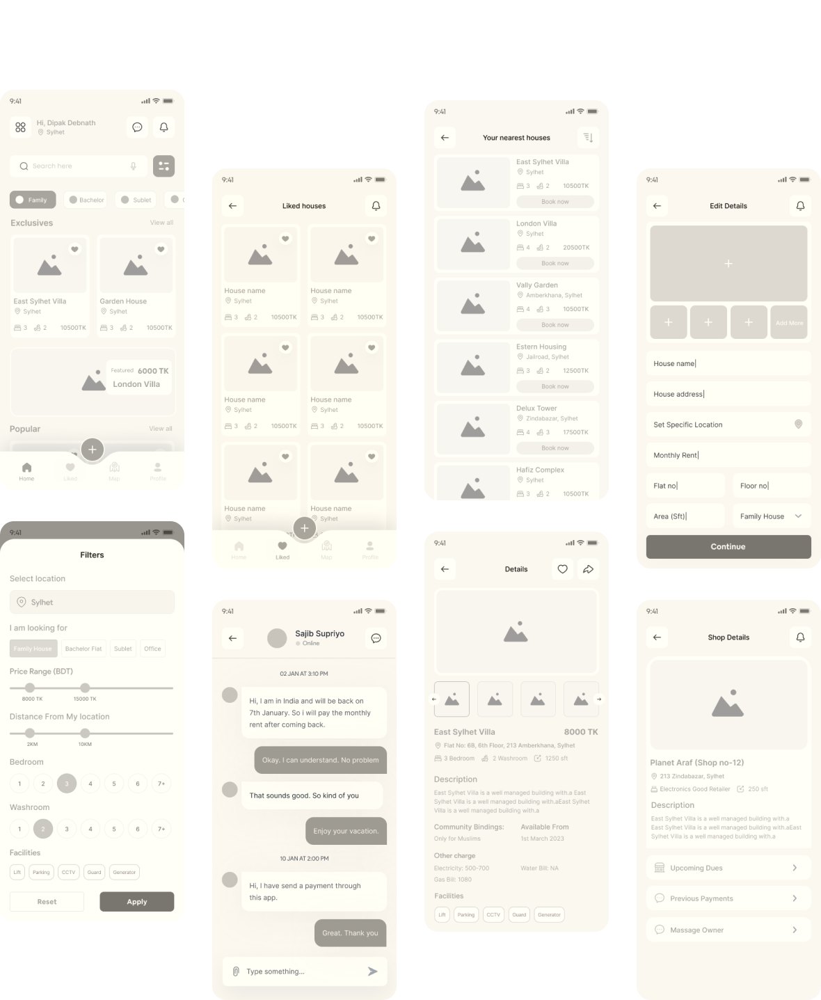 High fidelity wireframe screens for Rent Finder